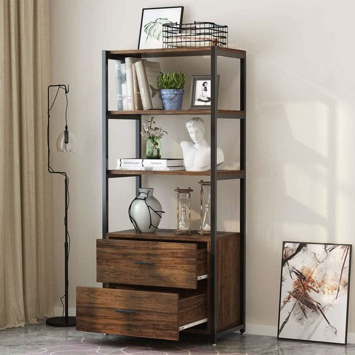 Bookcase, 4-Tier Rustic Bookshelf with 2 Drawers, Etagere Standard Book Shelves Display Shelf for Home Office