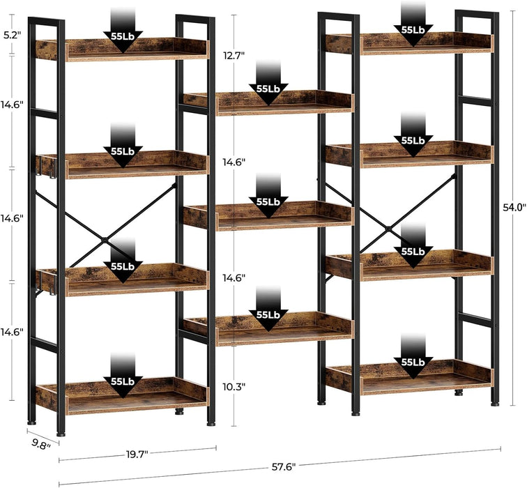 Bookshelf 4 Tiers with 4 Hooks, Triple Bookcase with Open Display Shelves, Industrial Wide Bookshelf with Metal Frame for Living Room, Office, Rustic Brown