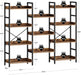 Bookshelf 4 Tiers with 4 Hooks, Triple Bookcase with Open Display Shelves, Industrial Wide Bookshelf with Metal Frame for Living Room, Office, Rustic Brown