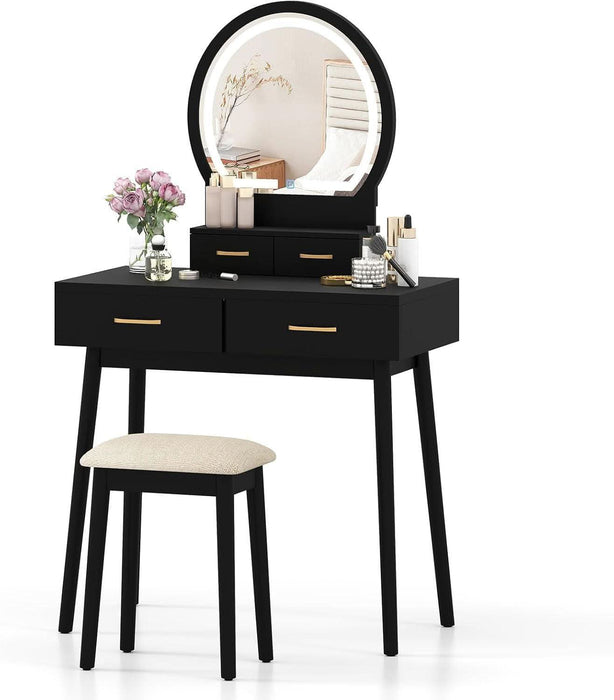 Vanity Desk with Mirror and Lights, Modern Makeup Vanity Table with 4 Drawers, 3-Color Dimmable LED Mirror, Girls Dressing Table and Stool Set for Small Bedroom (Black)
