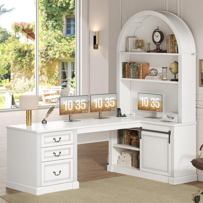 67" L Shaped Desk with Tall Arched Bookshelf, Mid-Century Office Computer Desk with 3 Drawers and Storage Shelves, Corner Executive Desk with Sliding Barn Door for Home Office, White