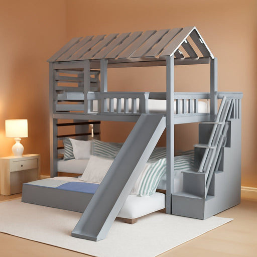 Twin over Twin House Bunk Bed, Wooden Bed Frame with Trundle and Slide, Storage Staircase, Roof and Window Design, Gray