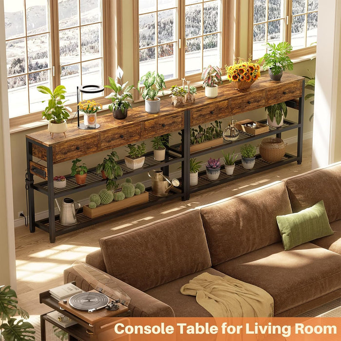 47'' Entryway Table with Outlets and USB Ports, Console Table with 3 Drawers, Sofa Table Narrow Long with Storage Shelves for Living Room, Couch, Hallway, Foyer, Kitchen Counter, Rustic Brown