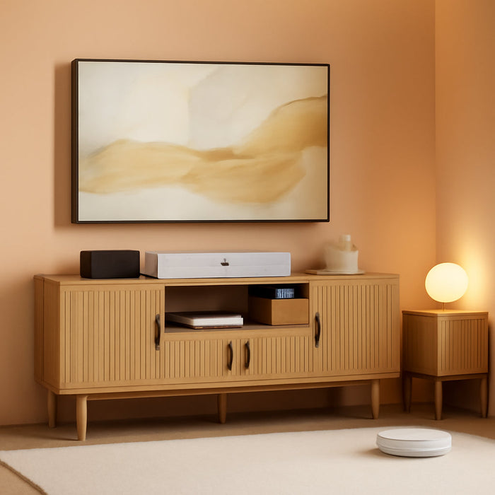 70" Fluted TV Stand, Mid Century Modern TV Stand for Tvs up to 80", Entertainment Center with Storage, Adjustable Shelves, Wood Media Console for Living Room, Bedroom, Natural