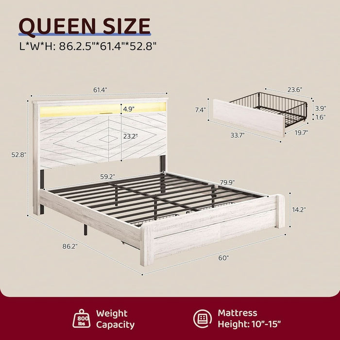 Queen Size Bed Frame with 2 Storage Drawers and Headboard Wooden Platform Bed Frame with LED Lights and Charging Station Easy Assembly/No Box Spring Needed/White