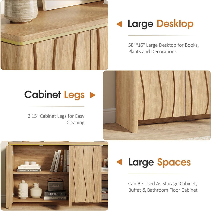 Fluted Buffet Cabinet with Storage, Kitchen Coffee Wine Bar Cabinet | Modern Sideboard Storage Cabinet with 3D Ripple Pattern Doors & Shelf for Dining Room,Living Room,Entryway, Natural, 57.9" W