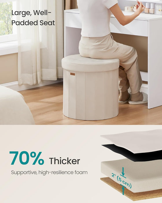 Mazie Collection - round Storage Ottoman, Folding Footrest Stool with Removable Lid, Easy Assembly, Velvet Vanity Stool for Bedroom, Living Room, Entryway, Cappuccino Beige ULSF608L01