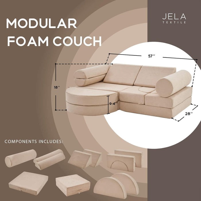 Kids Couch 14PCS Luxury, Floor Furniture for Adults, Playhouse Play Set for Toddlers Babies, Foam Modular Sectional Sofa (Sand Beige, 57"X28"X18")