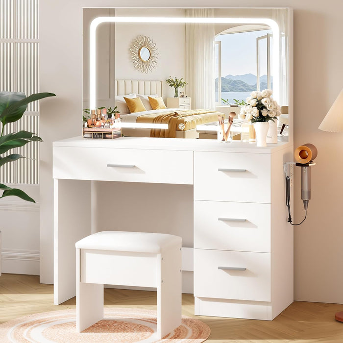 Makeup Vanity Desk Set, White, 35.4“W X 15.7" D X 53.9" H (Large Smart LED Mirror, with Cushion Stool, Hairdryer Rack, Power-Outlet, 4 Drawers)