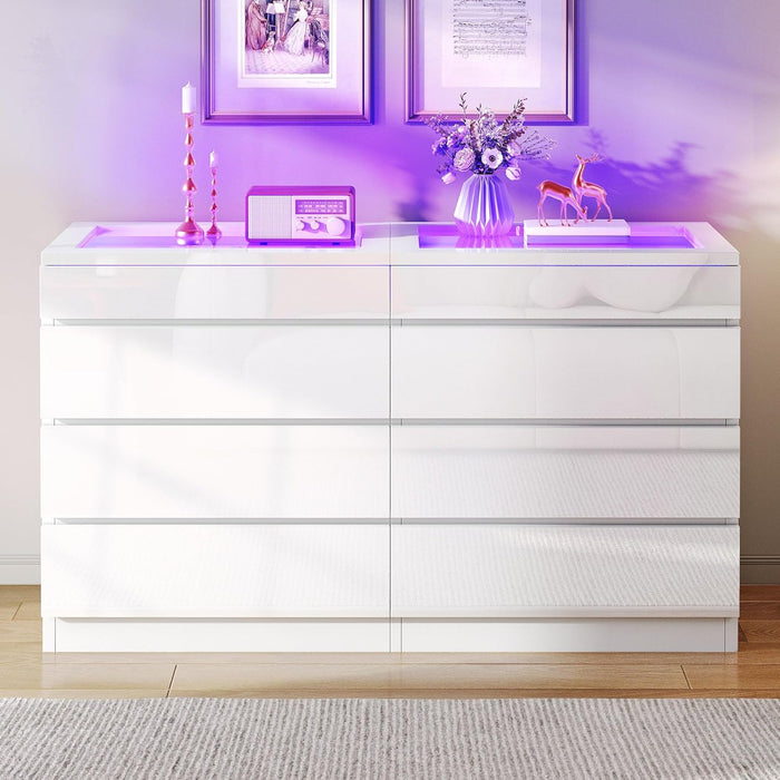 Contemporary White LED Dresser With Tempered Glass