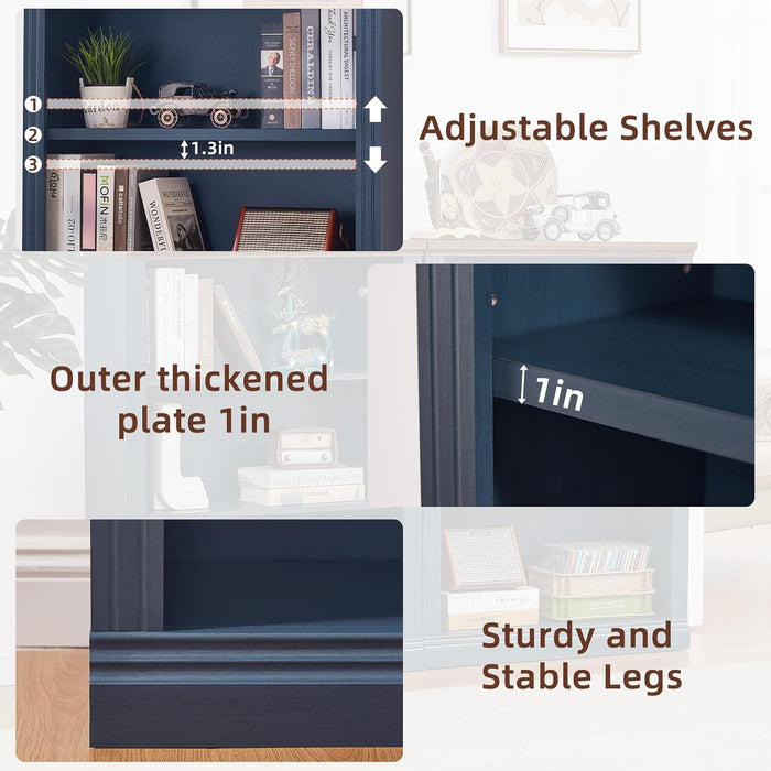 43" Blue Bookshelf, 3 Tier Farmhouse Small Wooden Book Shelf
