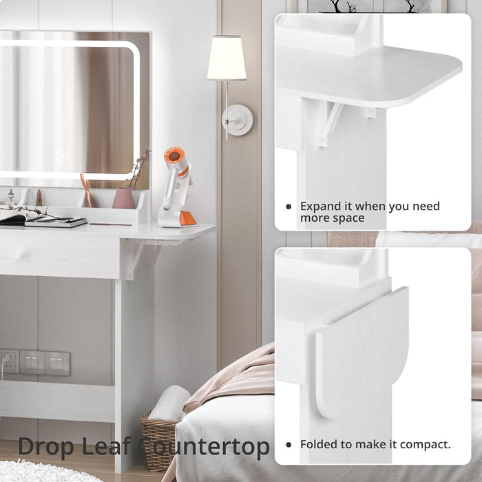 Vanity Desk with LED Lighted Mirror & Power Outlet, Makeup Table with Drawers & Cabinet,Storage Stool, White