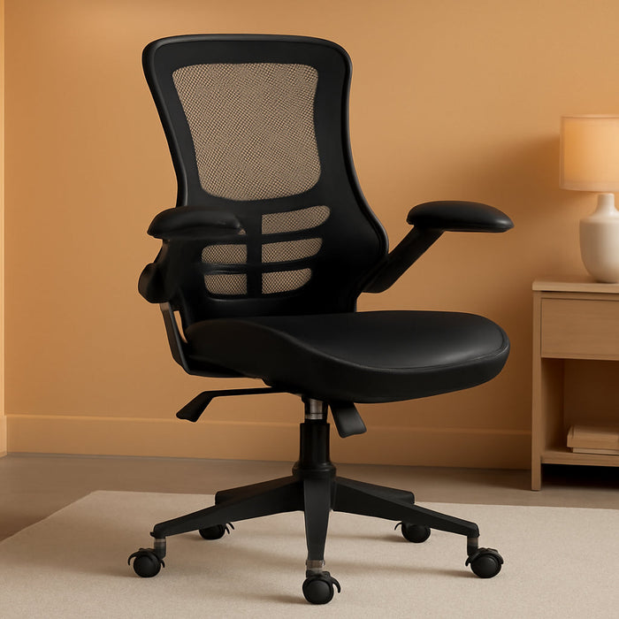 Kelista Mid-Back Swivel Office Chair with Adjustable Seat Height, Ergonomic Mesh Desk Chair with Leathersoft Seat, Black