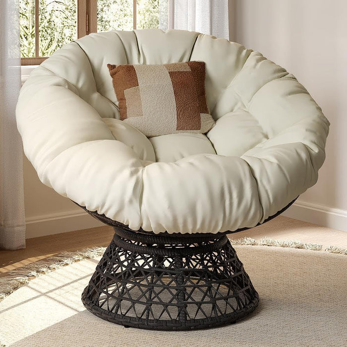 Indoor Papasan Chairs with Thick Tufted Cushions and Frame, Swivel Wicker Ergonomic Lounge Reading Chairs for Living Room/Bedroom, Beige