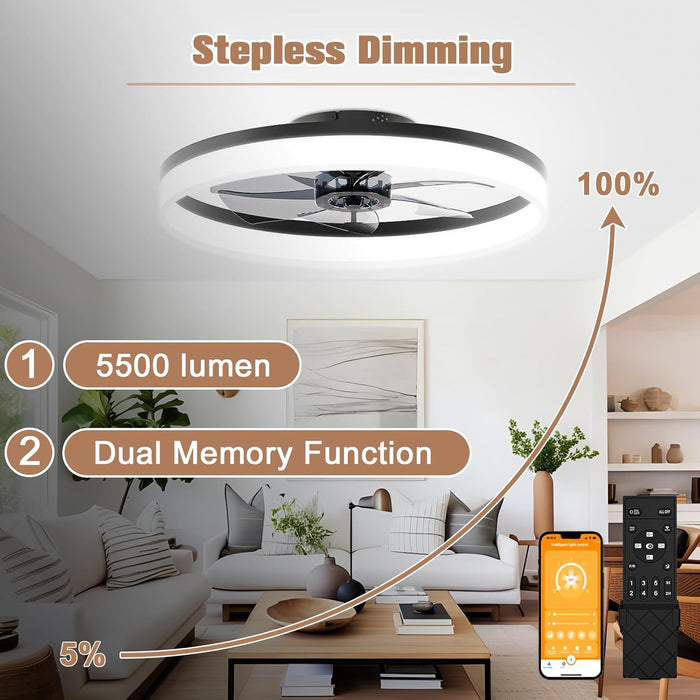Low Profile Ceiling Fans with Lights and Remote, 23.6In Flush Mount Ceiling Fans with Light, 3000K-6500K Dimmable Fandelier LED Fan Light, Bladeless Ceiling Fan with Lights for Bedroom(Black)