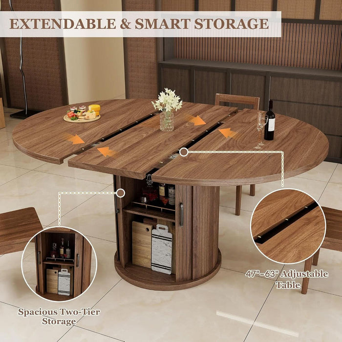 47.2"–63" Extendable Dining Room Table for 4-8, Round-To-Oval Expandable Dining Table with Dust-Proof 2-Tier Shelf, Space-Saving Wood Kitchen Table for Living Room, Walnut