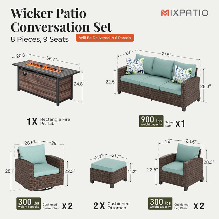 Swivel Glider Patio Furniture Set, 8 Pcs Wicker Rattan Outdoor Conversation Set, 2 X Swivel Chairs, 2 X Leg Chairs, 1 X 3 Seater Sofa and 2 X Ottomans and 56" Fire Pit Table, Blue