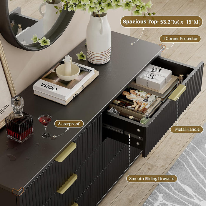 Wood 6 Drawers Dresser, 53.2" W Fluted Modern Dressers for Bedroom