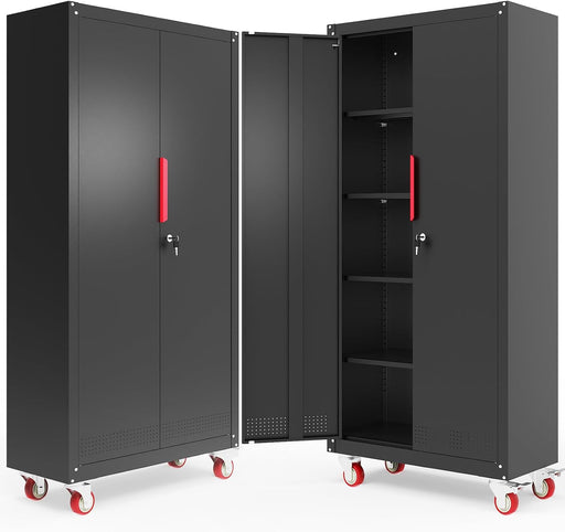 SeventyOneInch Black Metal Garage Cabinet Locking Wheels