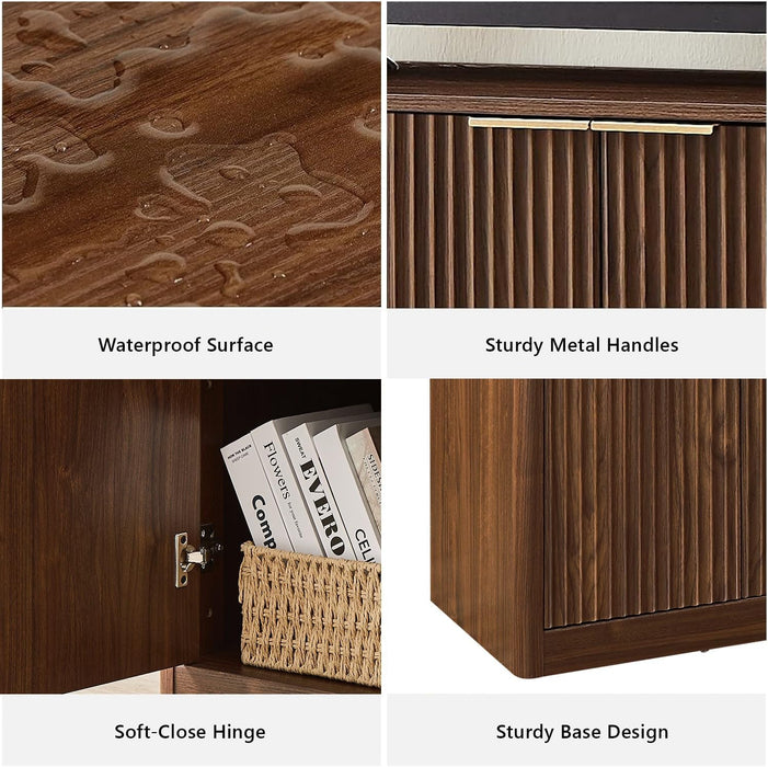 59" Fluted Buffet Cabinet Sideboard with Storage, Large Credenza with 4 Doors, 2 Adjustable Shelves, Wood Mid Century Modern Sideboard for Kitchen and Living Room, Walnut Brown