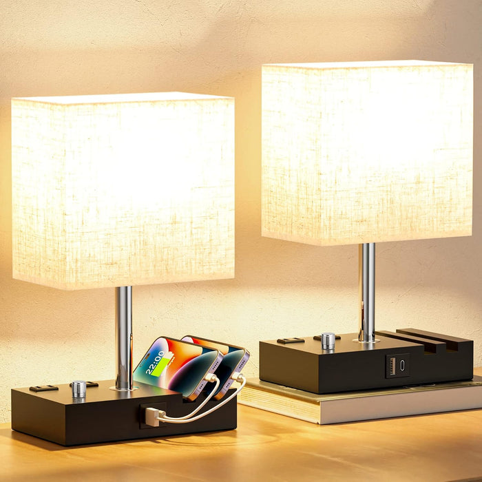 Beige Bedside Table Lamps Set of 2 - Dimmable, USB C+A, 2 AC Outlets