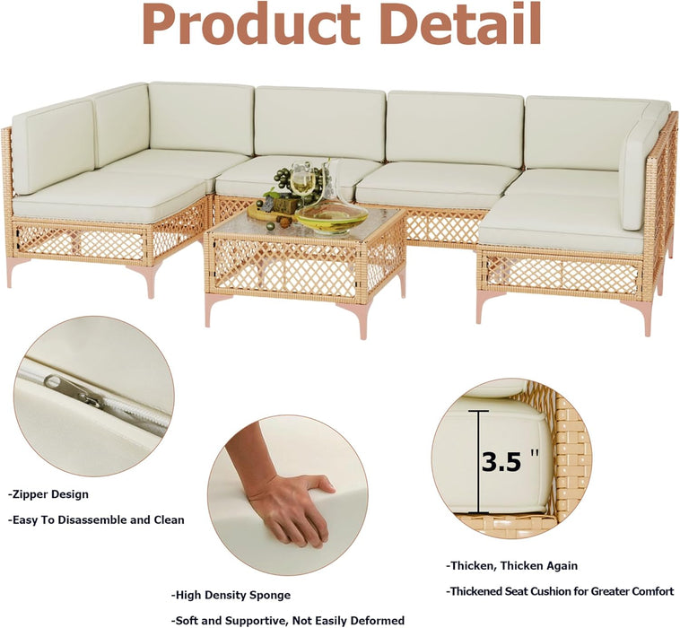 Outdoor Patio Furniture Set, Wicker Outdoor Sectional Set, Boho Patio Conversation Sectional Sofa with Large Tempered Glass Coffee Table and Waterproof Cushion (7-Piece Patio Furniture)