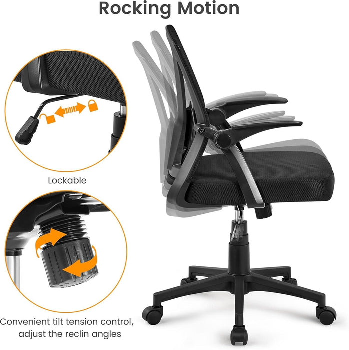 Home Office Chair Work Desk Chair Swivel Computer Mesh Chair with Flip-Up Arms Adjustable Height Lumbar Support Executive Office Task Chair for Home Office Students Study, Black