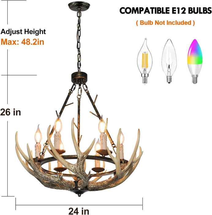 Six-Light Rustic Antler Chandelier With Wagon Wheel