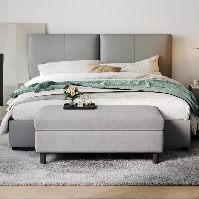 46 Inches Wide Storage Ottoman Bench, Linen Coffee Table Long Shoes Bench Footstool, Storage Chest, Foot Rest Stool, for the Living Room, Entryway and Family Room (Grey)