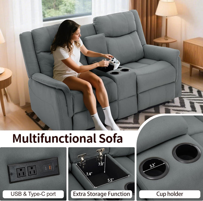 Loveseat Recliner Sofa, Reclining Loveseat Couch with Manual Pull Tab, Reclining Couch with Console, USB Port, US Outlets, and Cup Holders, 2-Seater Performance Fabric Sofa for Living Room, Rvs