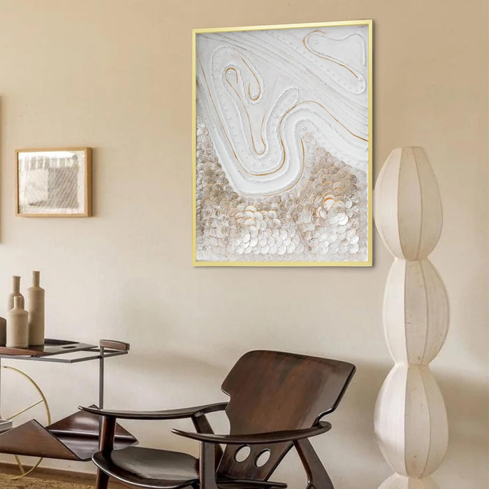 Modern Abstract Hand Painting with Natural Capiz Shell Wall Framed Ocean Artwork,Shell Shadow Box Wall Art，Art Painting - Handmade Collage of Natural Golden Shell, Bedroom Decor Framed Abstractartwork for , 23.6×31.5 Inch