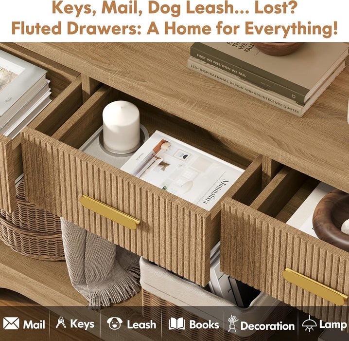 Fluted Console Table with Drawers, 47" Narrow Entryway Table with 3 Drawers and Open Storage Shelf, Long Sofa Tables Modern behind Couch Tables for Living Room, Foyer and Hallway