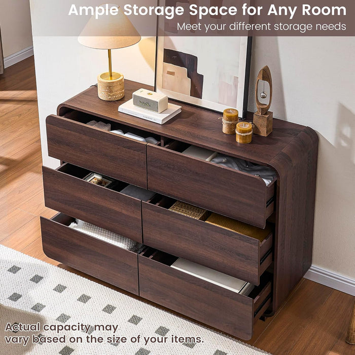 Walnut 6 Drawer Dresser Curved 47Inch BedroomStorage