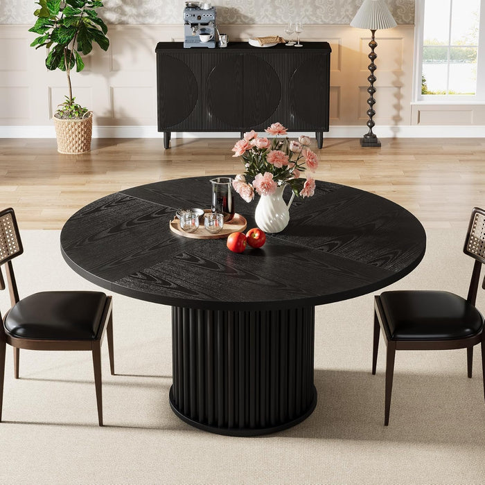 47.24-Inch Black round Dining Table for 4-6 People, Modern Fluted MDF + Metal Base Kitchen Table, Sturdy Circle Dining Room Furniture, Black