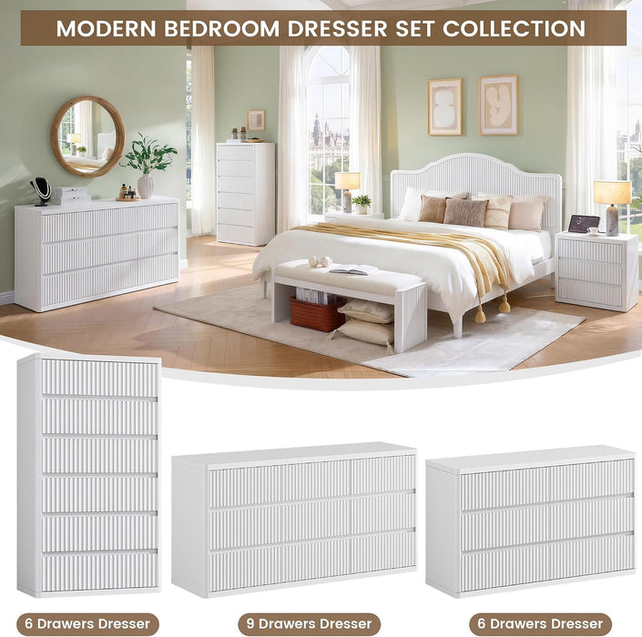 White 9 Drawers Dresser for Bedroom, 57" Wide Modern Fluted Chest of Drawers with Curved Profile, Handleless, Vertical Dressers for Bedroom, Living Room, Hallway