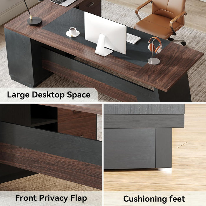 78-Inch Executive Office Desk with File Cabinet, Large Modern Corner Office Desk for Home Office, 3-Drawer Wood File Cabinet, Spacious Workstation for Home Office (Brown & Black)
