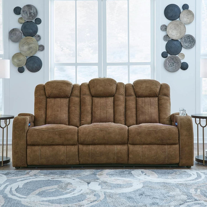 Wolfridge Contemporary Faux Leather Power Reclining Sofa with Drop down Table, LED Lights, Electrical Outlet, Wireless Charging, USB Ports and Cup Holders, Light Brown