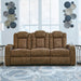 Wolfridge Contemporary Faux Leather Power Reclining Sofa with Drop down Table, LED Lights, Electrical Outlet, Wireless Charging, USB Ports and Cup Holders, Light Brown