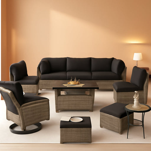 11 Piece Outdoor Patio Furniture Set with 44'' Fire Pit Table, Wicker Rattan Outdoor Furniture with High Back Swivel Rocker Chairs, Outdoor Sofa Set with Thick Cushion & Side Table, Black