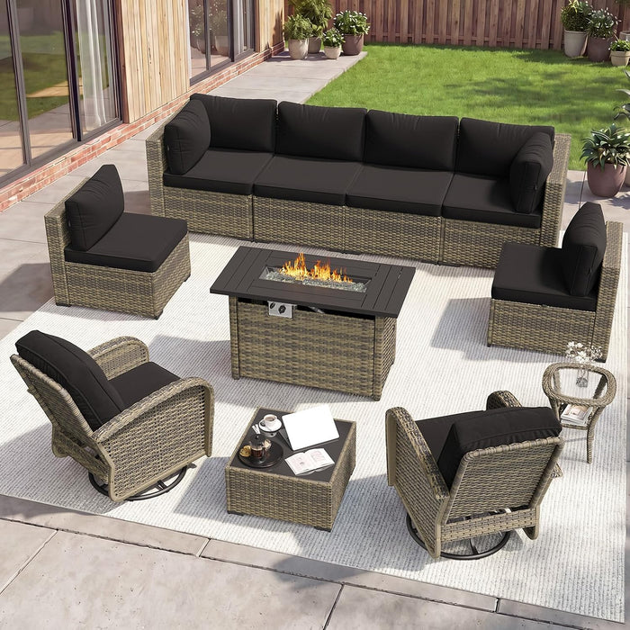 11 Piece Outdoor Patio Furniture Set with 44'' Fire Pit Table, Wicker Rattan Outdoor Furniture with High Back Swivel Rocker Chairs, Outdoor Sofa Set with Thick Cushion & Side Table, Black