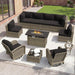 11 Piece Outdoor Patio Furniture Set with 44'' Fire Pit Table, Wicker Rattan Outdoor Furniture with High Back Swivel Rocker Chairs, Outdoor Sofa Set with Thick Cushion & Side Table, Black