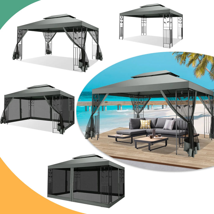 10' X 13' Pop up Gazebo, Screened Patio Gazebo, Outdoor Steel Double Roof Canopy Tent, Metal Frame Canopy with Mosquito Netting, Sunshade for Garden, Lawns, Gray