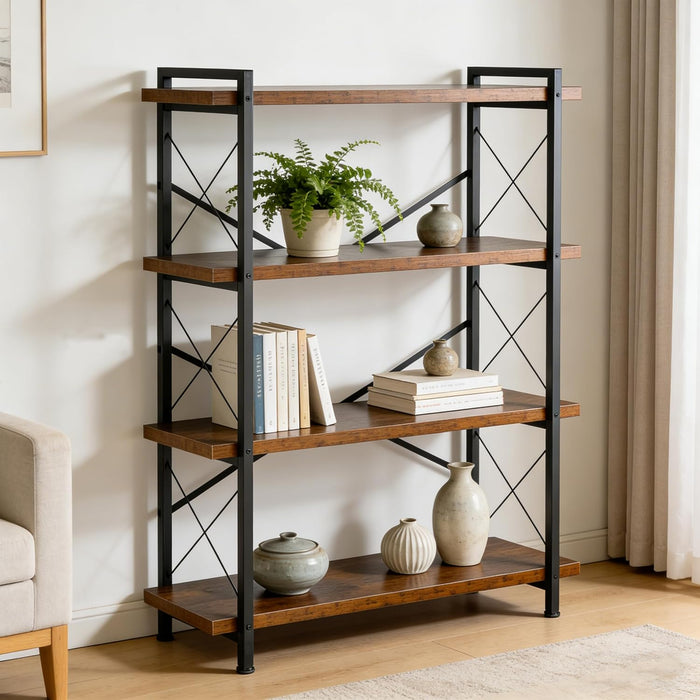 Bookshelf, Rustic Open Book Shelf, Wood and Metal Horizontal Bookshelves (4-Tier)