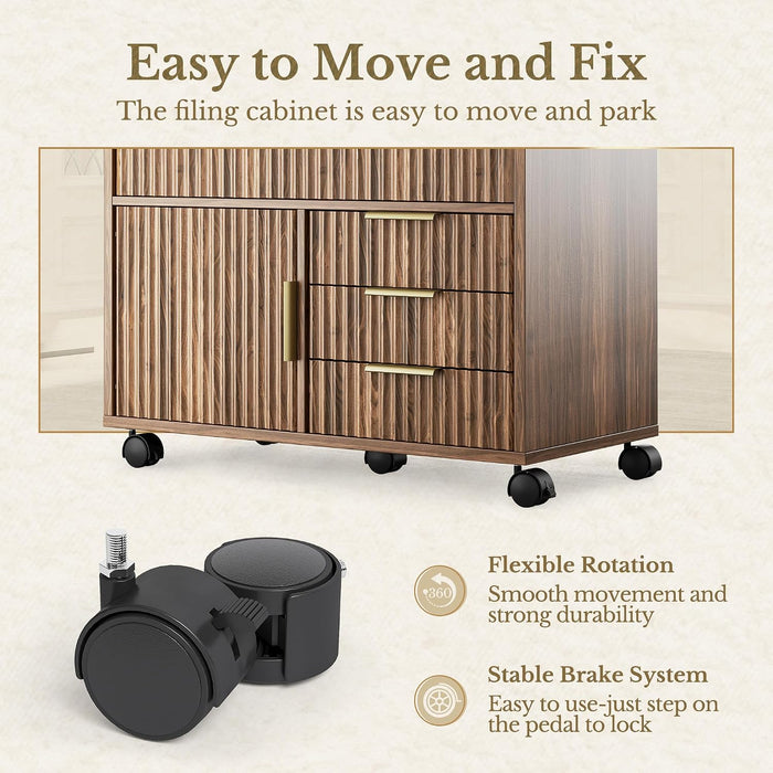 Fluted Lockable File Cabinet Five Drawers WalnutFinish