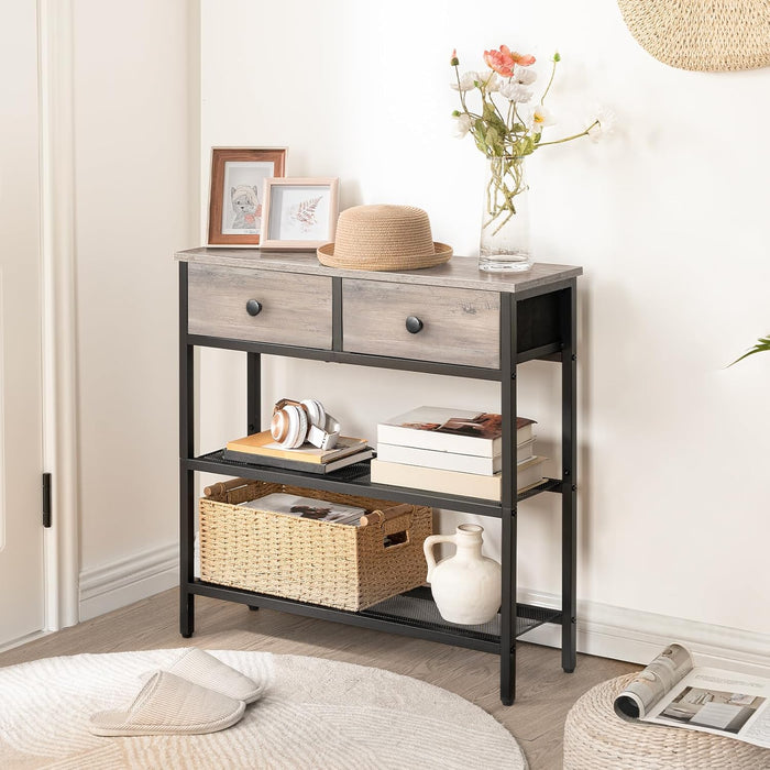 29.5" Narrow Console Table with 2 Fabric Drawers, Sofa Table, Small Entryway Table with 3-Tier Storage Shelves, behind Couch Table, for Living Room, Hallway, Greige and Black BG72XG01