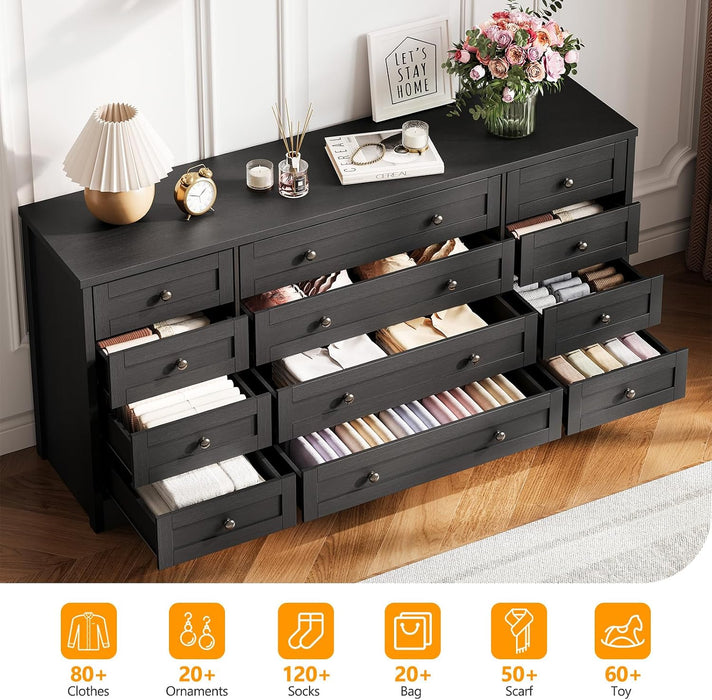 12-Drawer Dresser, Modern Wooden Storage Chest of Drawers, Wide Dresser TV Stand for 65 Inch TV, Large Wood Drawer Organizer for Bedroom, Living Room, Hallway, Black