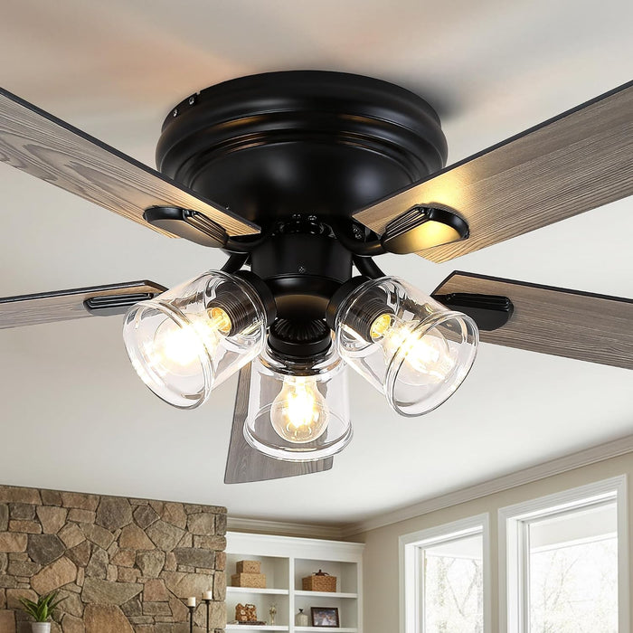 52 Inch Vintage Ceiling Fan with Light and Remote Control | Flush Mount Chandelier Fandelier Rustic with 6 Speeds 5 Reversible Blades for Bedroom Kitchen Dining Room