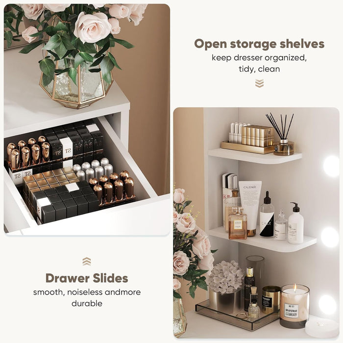Makeup Vanity Desk with Mirror and Adjustable 10 LED Bulbs, White | Vanity Makeup Table with Power Outlets and Hairdryer Rack, Dressing Table with 3 Drawers & 2 Large Cabinet, 3 Color Lighting