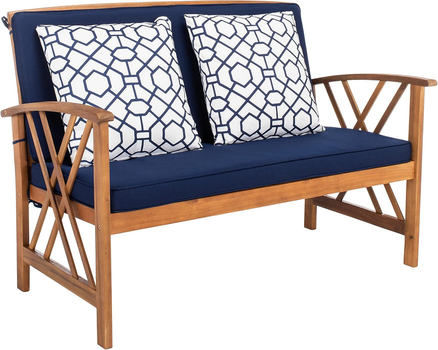 Outdoor Collection Fontana Natural/ Navy Blue Cushions/ Geometric Pattern Pillows 4-Piece Conversation Patio Set