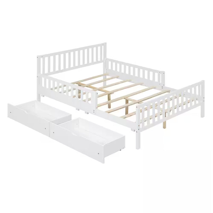 White Wood Frame Full Size Platform Bed with Guardrails on Both Sides and 2-Storage Drawers